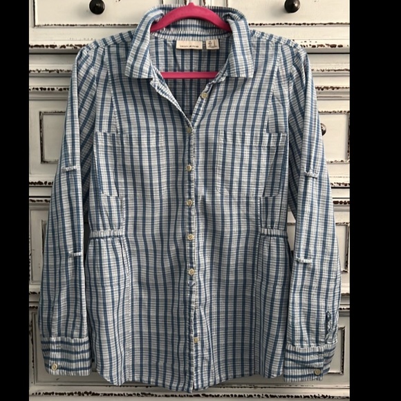 DKNY long sleeve button tan light weight button down with elastic waist size L - Picture 14 of 15